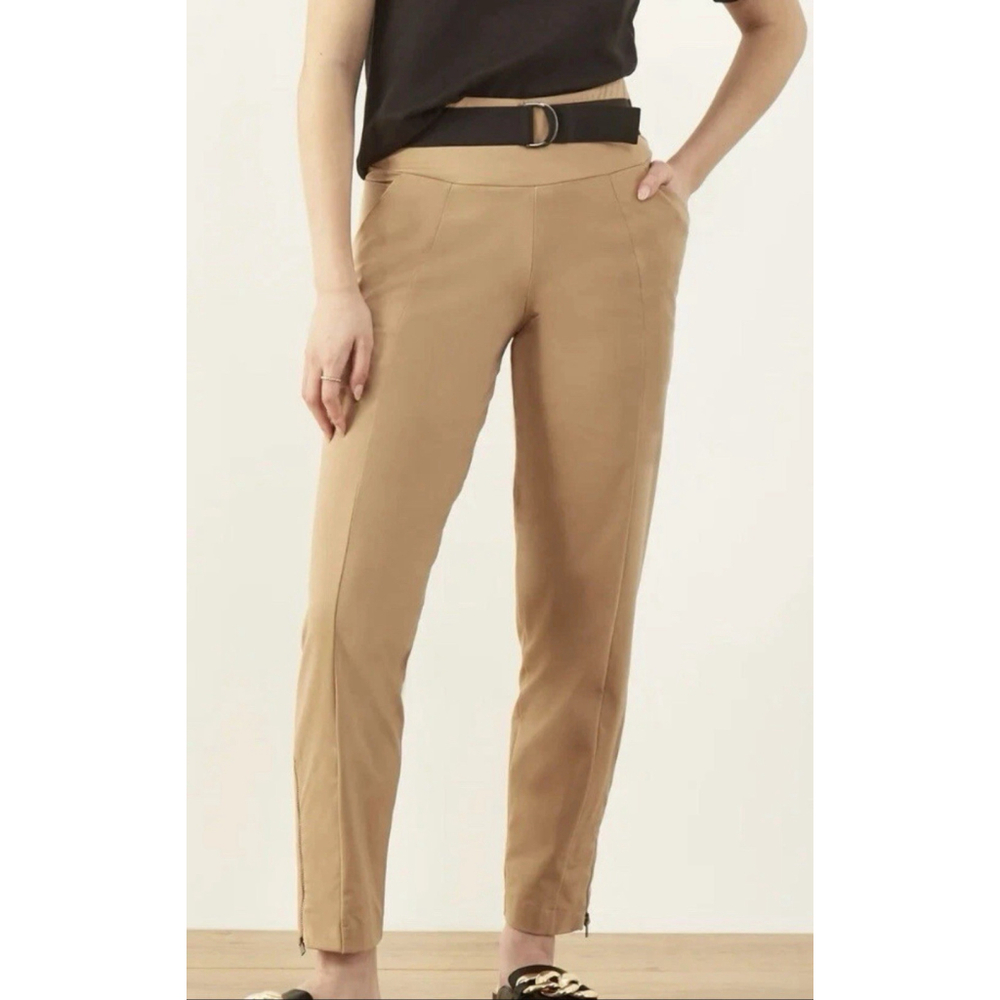 ADAY Warm Up Latte Tan High Rise Tapered Trousers $190 Small Ankle Zips Belted